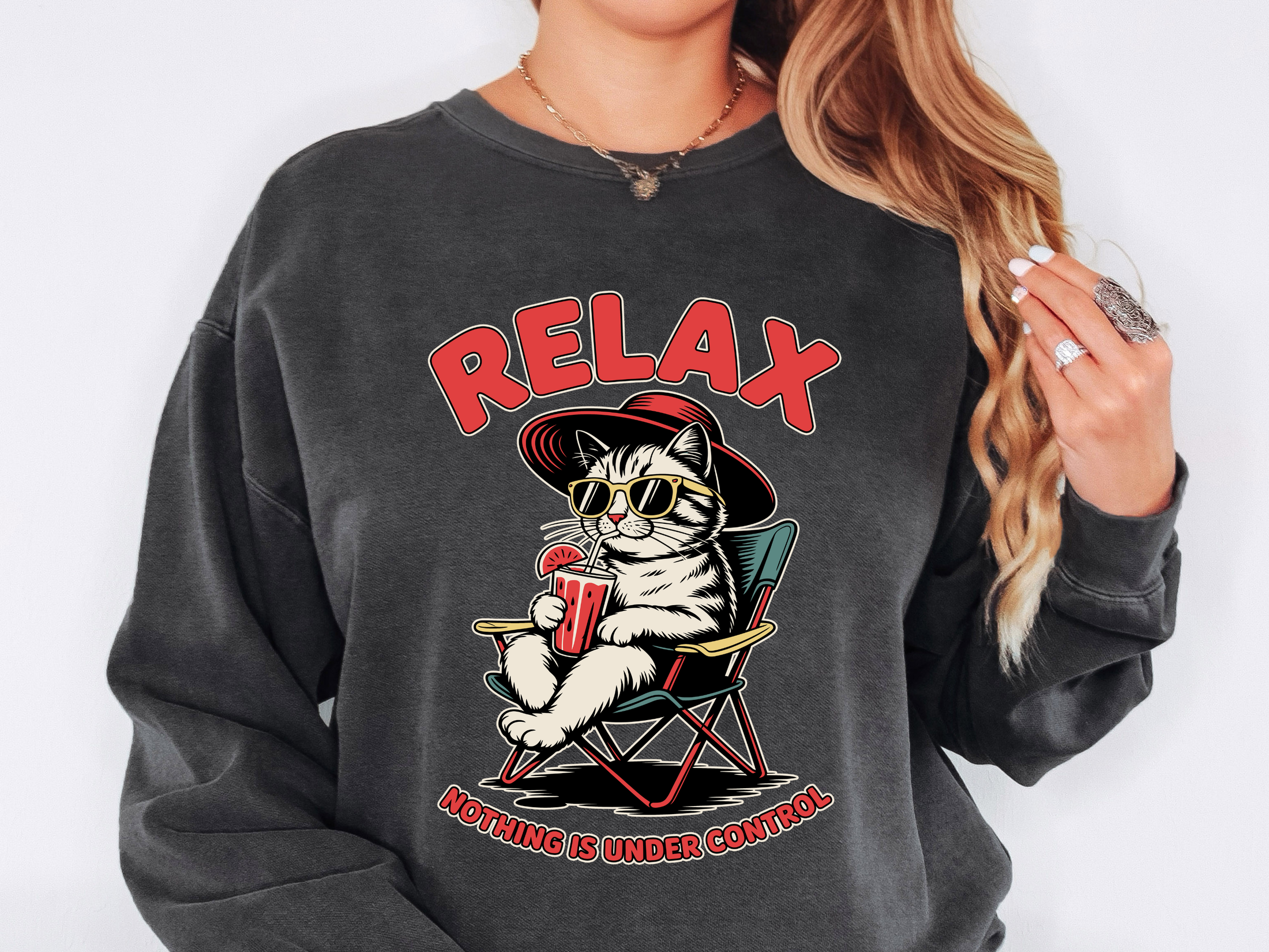 Funny Cat Lover Comfort Sweatshirt, Relax Nothing Is Under Control Crewneck, Sarcastic Cat Mom Comfort Sweatshirt Gift