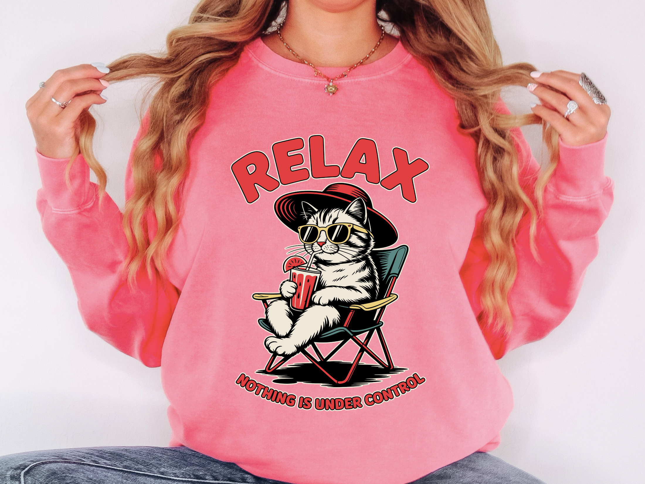 Funny Cat Lover Comfort Sweatshirt, Relax Nothing Is Under Control Crewneck, Sarcastic Cat Mom Comfort Sweatshirt Gift