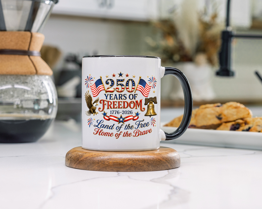 250 Years of Freedom Mug, America 250th Anniversary Coffee Mug, Patriotic Eagle Liberty Bell Cup, USA Semiquincentennial Gift