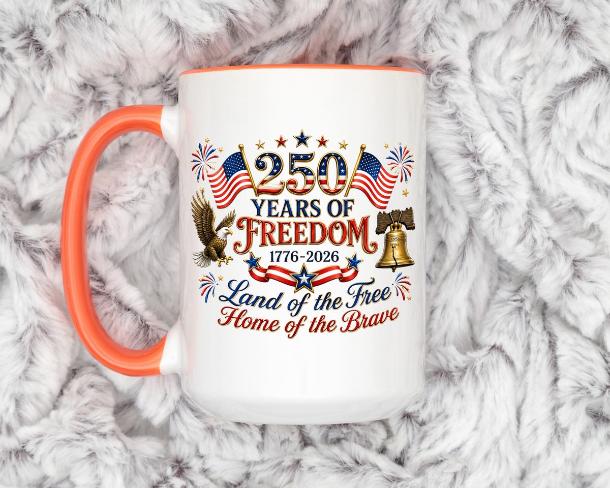 250 Years of Freedom Mug, America 250th Anniversary Coffee Mug, Patriotic Eagle Liberty Bell Cup, USA Semiquincentennial Gift