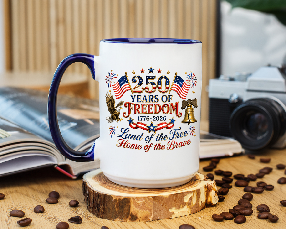 250 Years of Freedom Mug, America 250th Anniversary Coffee Mug, Patriotic Eagle Liberty Bell Cup, USA Semiquincentennial Gift