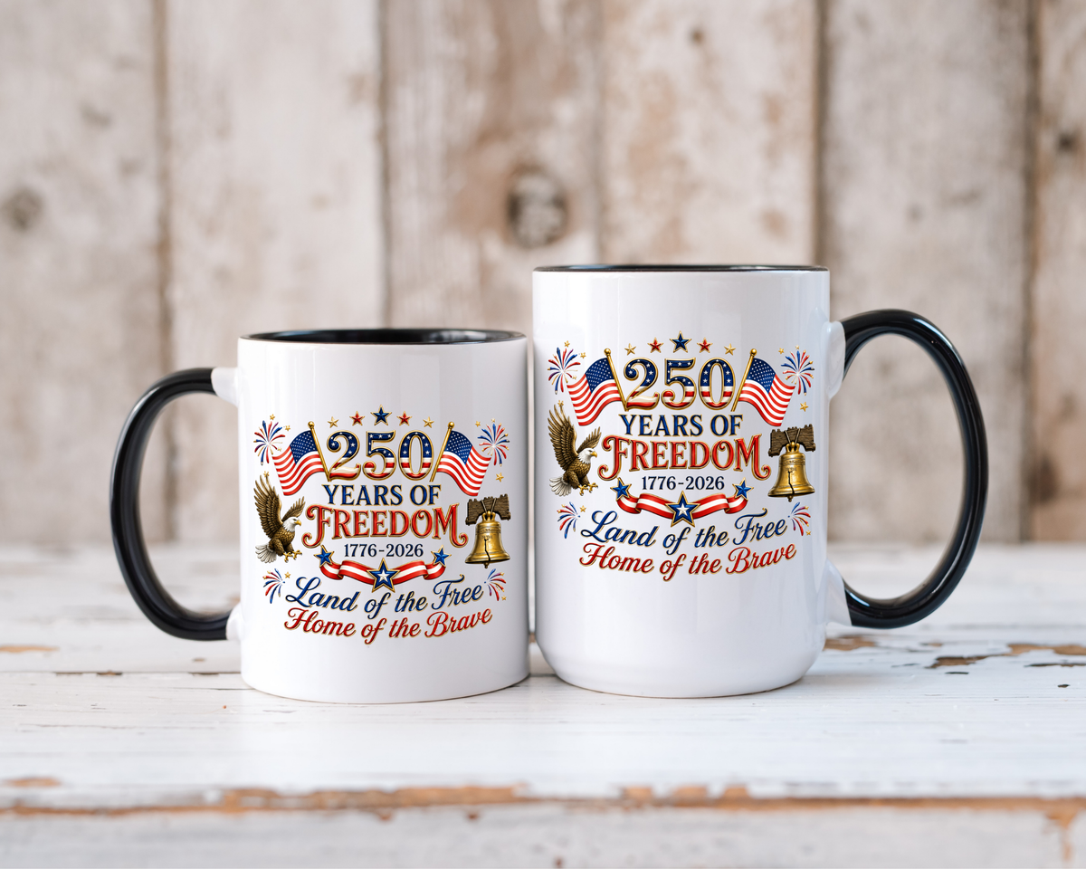 250 Years of Freedom Mug, America 250th Anniversary Coffee Mug, Patriotic Eagle Liberty Bell Cup, USA Semiquincentennial Gift
