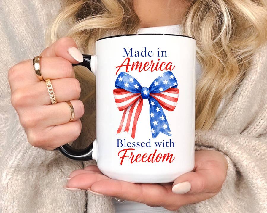 Made in America Blessed with Freedom Mug, Patriotic American Flag Bow Coffee Mug, USA Pride Gift for Women, Fourth of July Cup