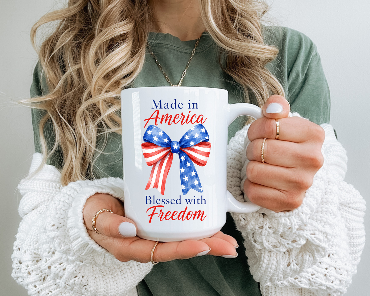 Made in America Blessed with Freedom Mug, Patriotic American Flag Bow Coffee Mug, USA Pride Gift for Women, Fourth of July Cup