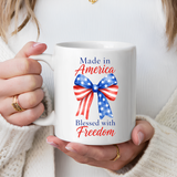 Made in America Blessed with Freedom Mug, Patriotic American Flag Bow Coffee Mug, USA Pride Gift for Women, Fourth of July Cup