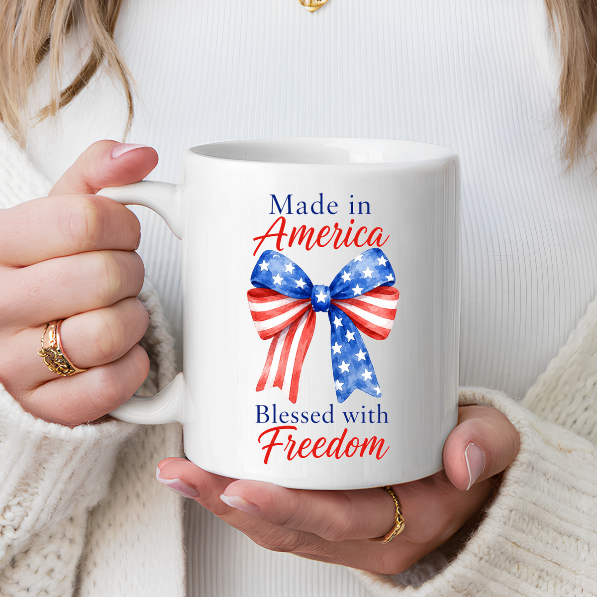 Made in America Blessed with Freedom Mug, Patriotic American Flag Bow Coffee Mug, USA Pride Gift for Women, Fourth of July Cup