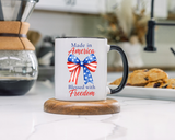 Made in America Blessed with Freedom Mug, Patriotic American Flag Bow Coffee Mug, USA Pride Gift for Women, Fourth of July Cup