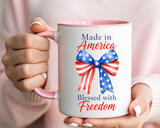 Made in America Blessed with Freedom Mug, Patriotic American Flag Bow Coffee Mug, USA Pride Gift for Women, Fourth of July Cup