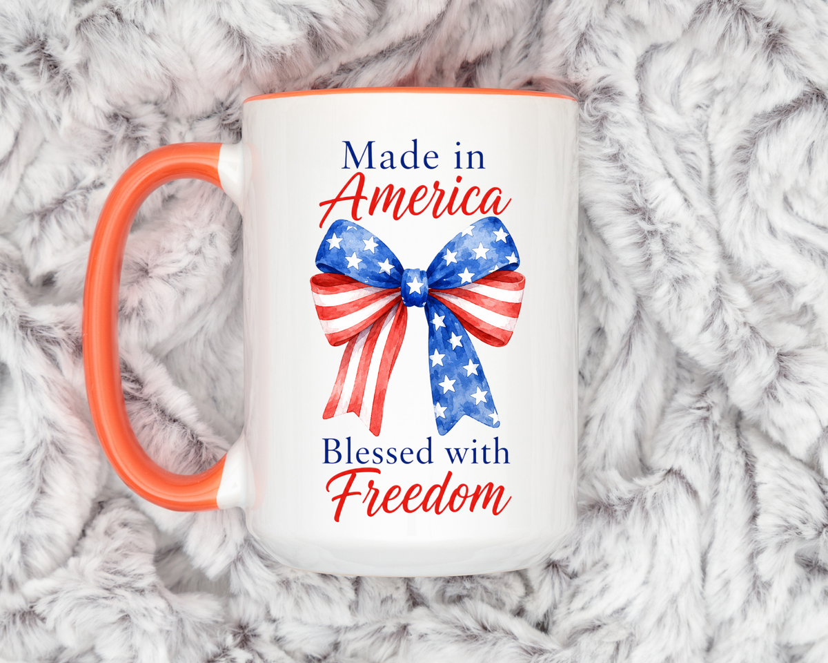 Made in America Blessed with Freedom Mug, Patriotic American Flag Bow Coffee Mug, USA Pride Gift for Women, Fourth of July Cup