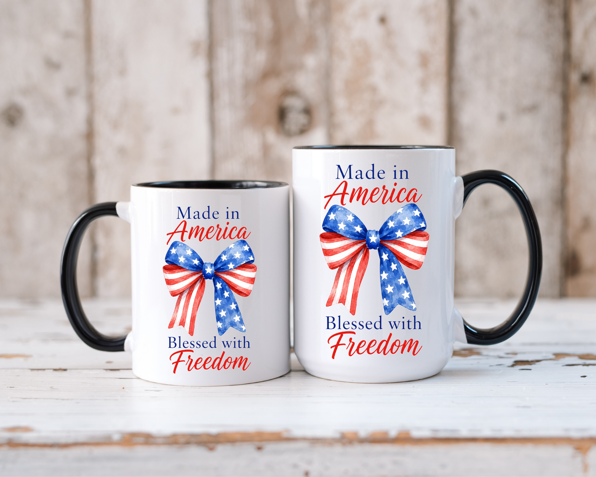 Made in America Blessed with Freedom Mug, Patriotic American Flag Bow Coffee Mug, USA Pride Gift for Women, Fourth of July Cup