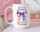 Made in America Blessed with Freedom Mug, Patriotic American Flag Bow Coffee Mug, USA Pride Gift for Women, Fourth of July Cup