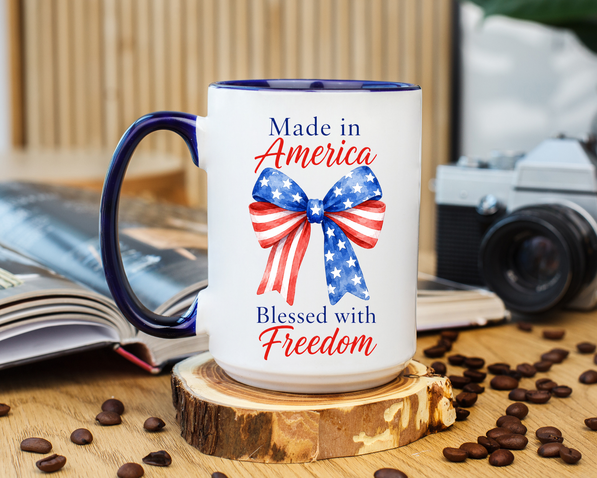 Made in America Blessed with Freedom Mug, Patriotic American Flag Bow Coffee Mug, USA Pride Gift for Women, Fourth of July Cup