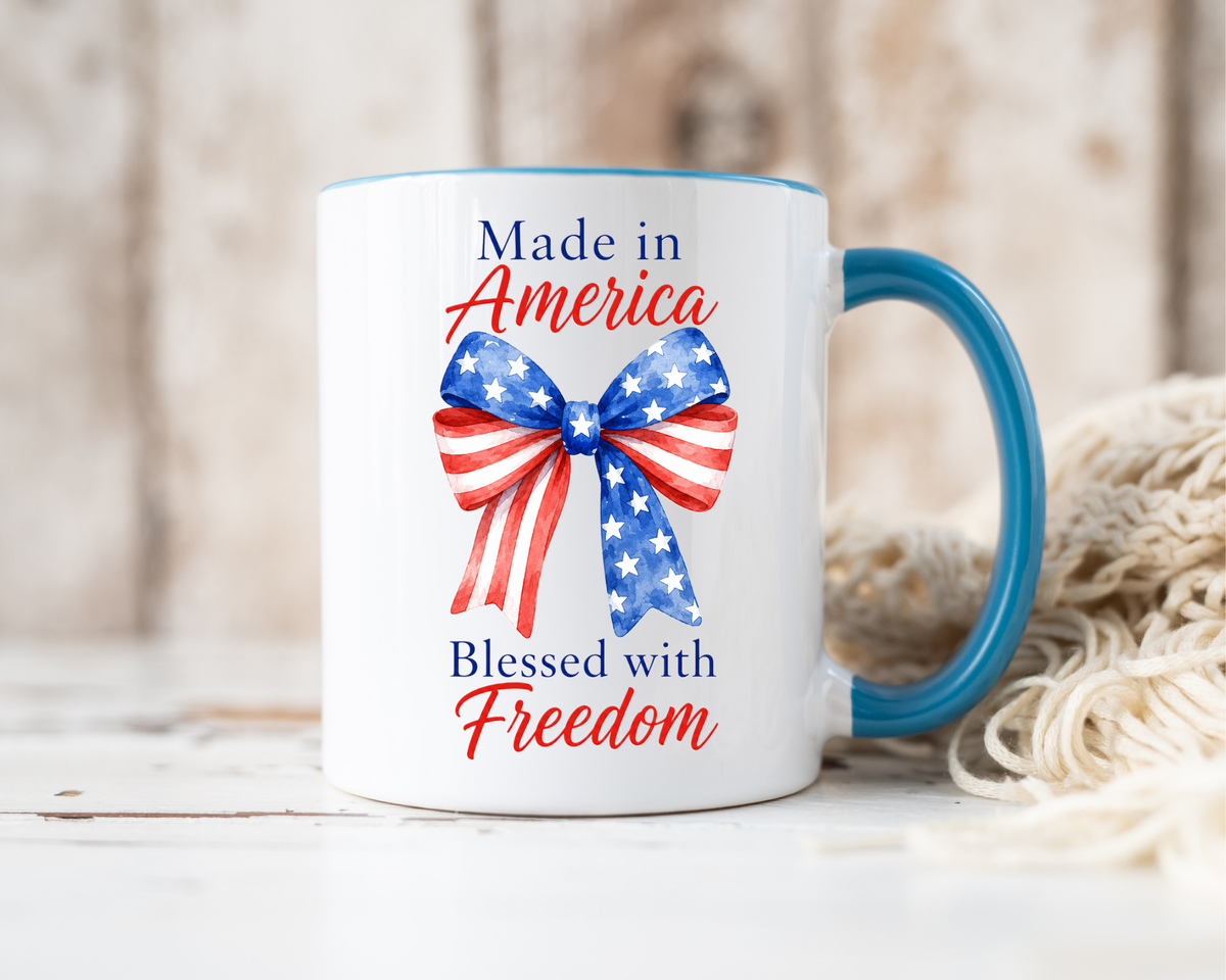 Made in America Blessed with Freedom Mug, Patriotic American Flag Bow Coffee Mug, USA Pride Gift for Women, Fourth of July Cup
