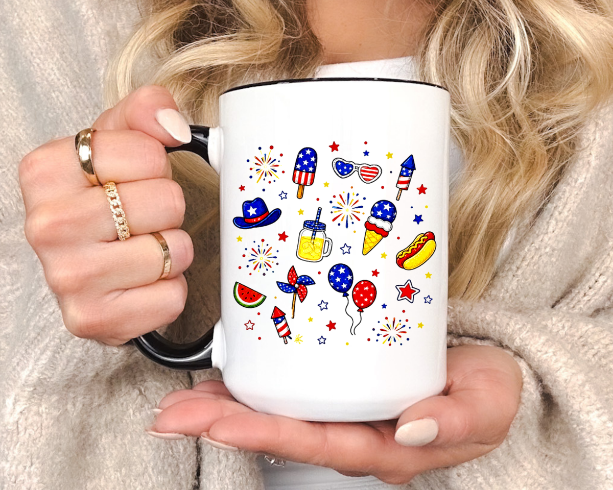 Patriotic Summer Celebration Mug, Fourth of July Coffee Mug, Americana Fireworks Cup, Red White Blue Holiday Gift