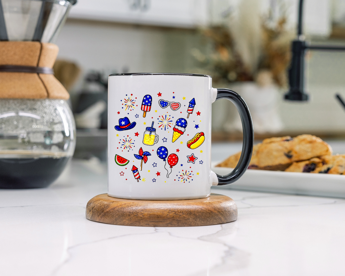 Patriotic Summer Celebration Mug, Fourth of July Coffee Mug, Americana Fireworks Cup, Red White Blue Holiday Gift