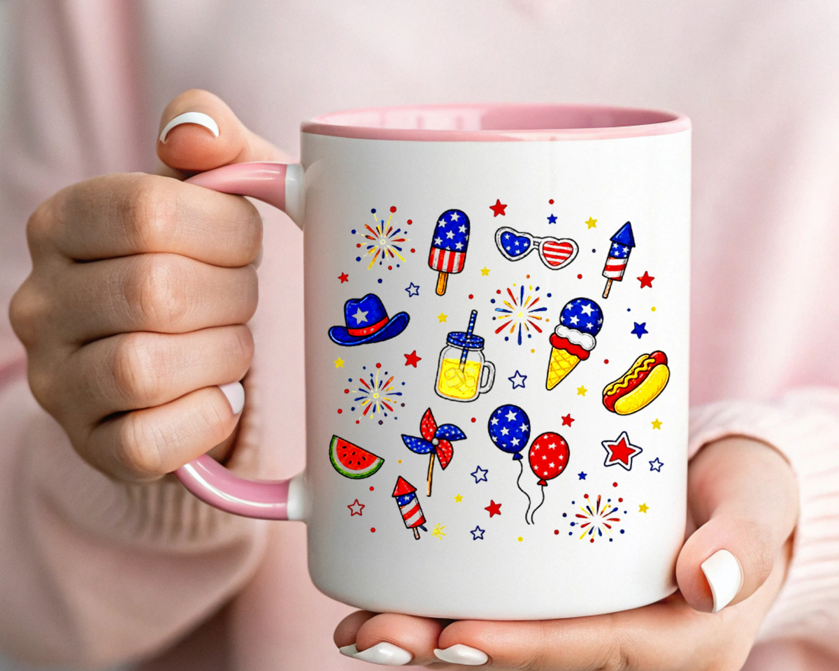 Patriotic Summer Celebration Mug, Fourth of July Coffee Mug, Americana Fireworks Cup, Red White Blue Holiday Gift
