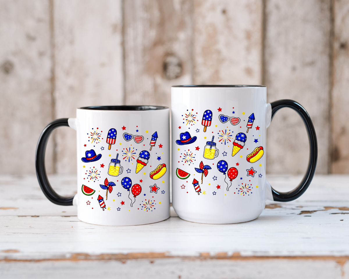 Patriotic Summer Celebration Mug, Fourth of July Coffee Mug, Americana Fireworks Cup, Red White Blue Holiday Gift