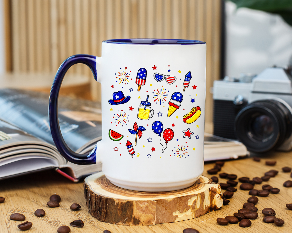 Patriotic Summer Celebration Mug, Fourth of July Coffee Mug, Americana Fireworks Cup, Red White Blue Holiday Gift