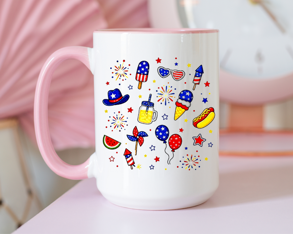 Patriotic Summer Celebration Mug, Fourth of July Coffee Mug, Americana Fireworks Cup, Red White Blue Holiday Gift