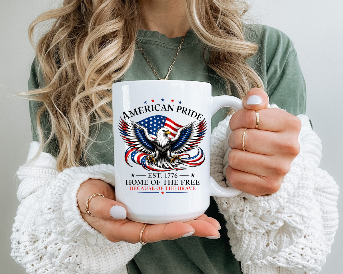 American Pride Eagle Mug, Patriotic Bald Eagle Coffee Mug, Home of the Free Because of the Brave Gift, USA Veteran Mug