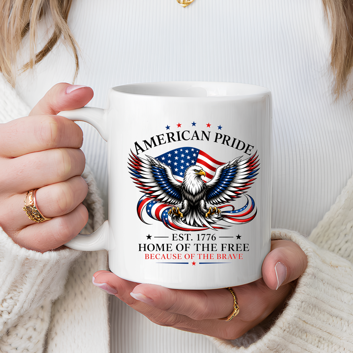 American Pride Eagle Mug, Patriotic Bald Eagle Coffee Mug, Home of the Free Because of the Brave Gift, USA Veteran Mug