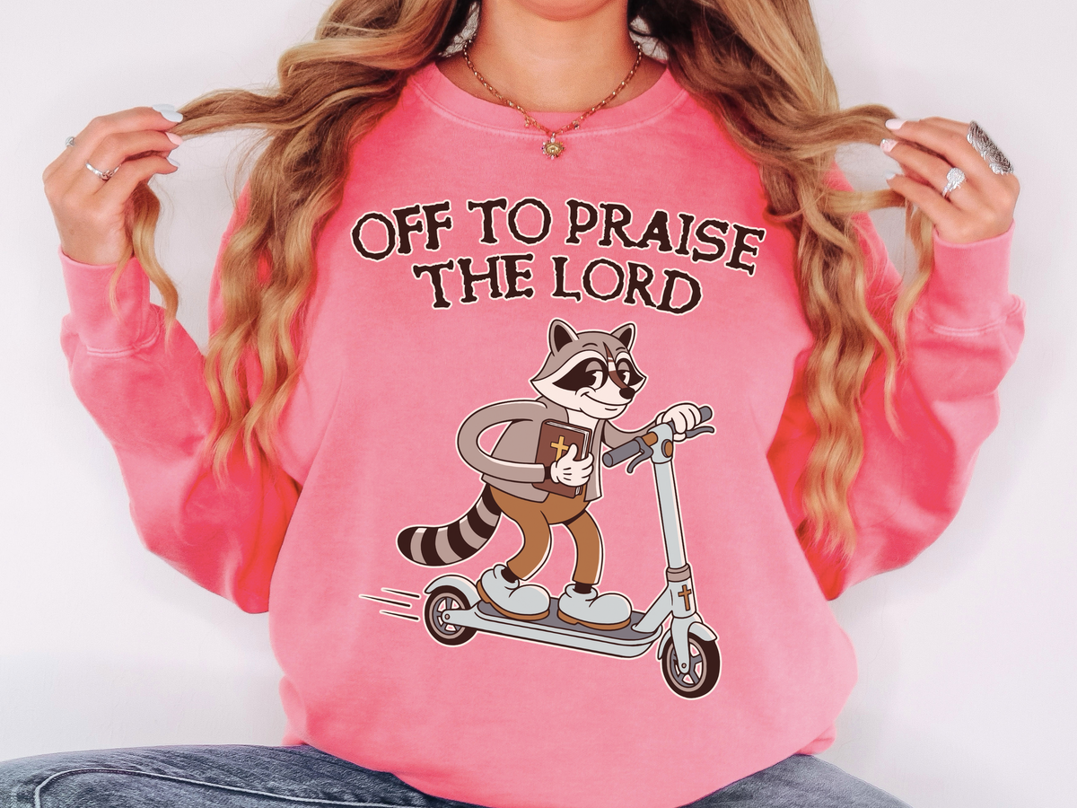 Christian Raccoon Comfort Colors Sweatshirt, Off to Praise the Lord Crewneck, Cute Faith Based Graphic Sweatshirt for Women