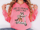 Christian Raccoon Comfort Colors Sweatshirt, Off to Praise the Lord Crewneck, Cute Faith Based Graphic Sweatshirt for Women