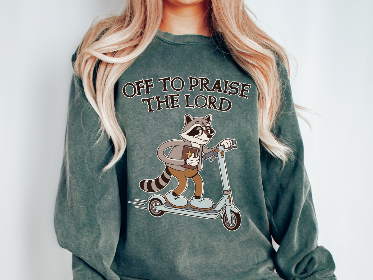 Christian Raccoon Comfort Colors Sweatshirt, Off to Praise the Lord Crewneck, Cute Faith Based Graphic Sweatshirt for Women