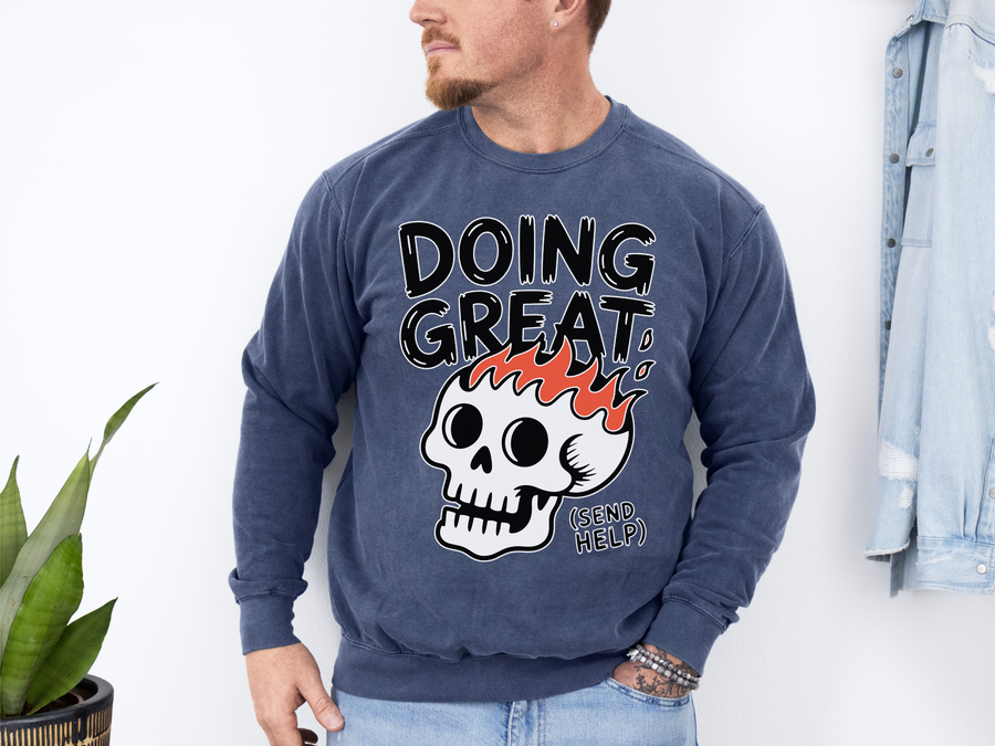 Funny Skull Comfort Colors Sweatshirt, Doing Great Send Help Crewneck, Sarcastic Graphic Sweatshirt, Gothic Humor Gift