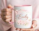 Personalized Floral Name Mug, Custom Coffee Mug with Name, Pink Flower Mug for Women, Birthday Gift, Bridesmaid Keepsake Cup