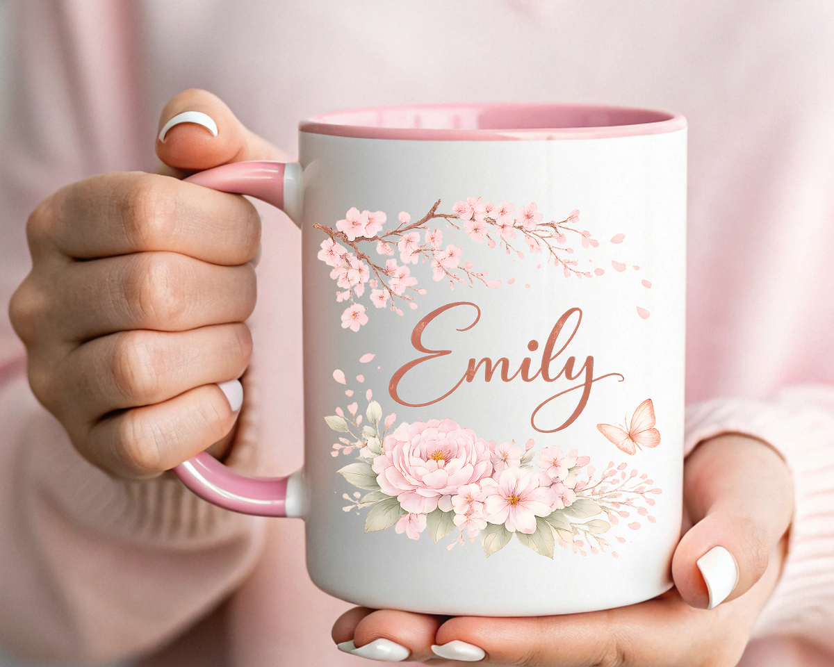 Personalized Floral Name Mug, Custom Coffee Mug with Name, Pink Flower Mug for Women, Birthday Gift, Bridesmaid Keepsake Cup
