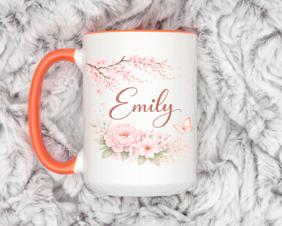 Personalized Floral Name Mug, Custom Coffee Mug with Name, Pink Flower Mug for Women, Birthday Gift, Bridesmaid Keepsake Cup
