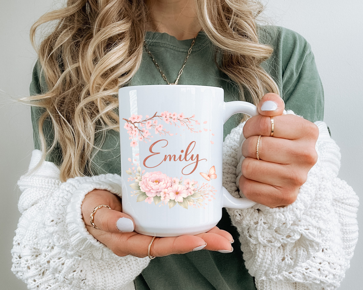 Personalized Floral Name Mug, Custom Coffee Mug with Name, Pink Flower Mug for Women, Birthday Gift, Bridesmaid Keepsake Cup
