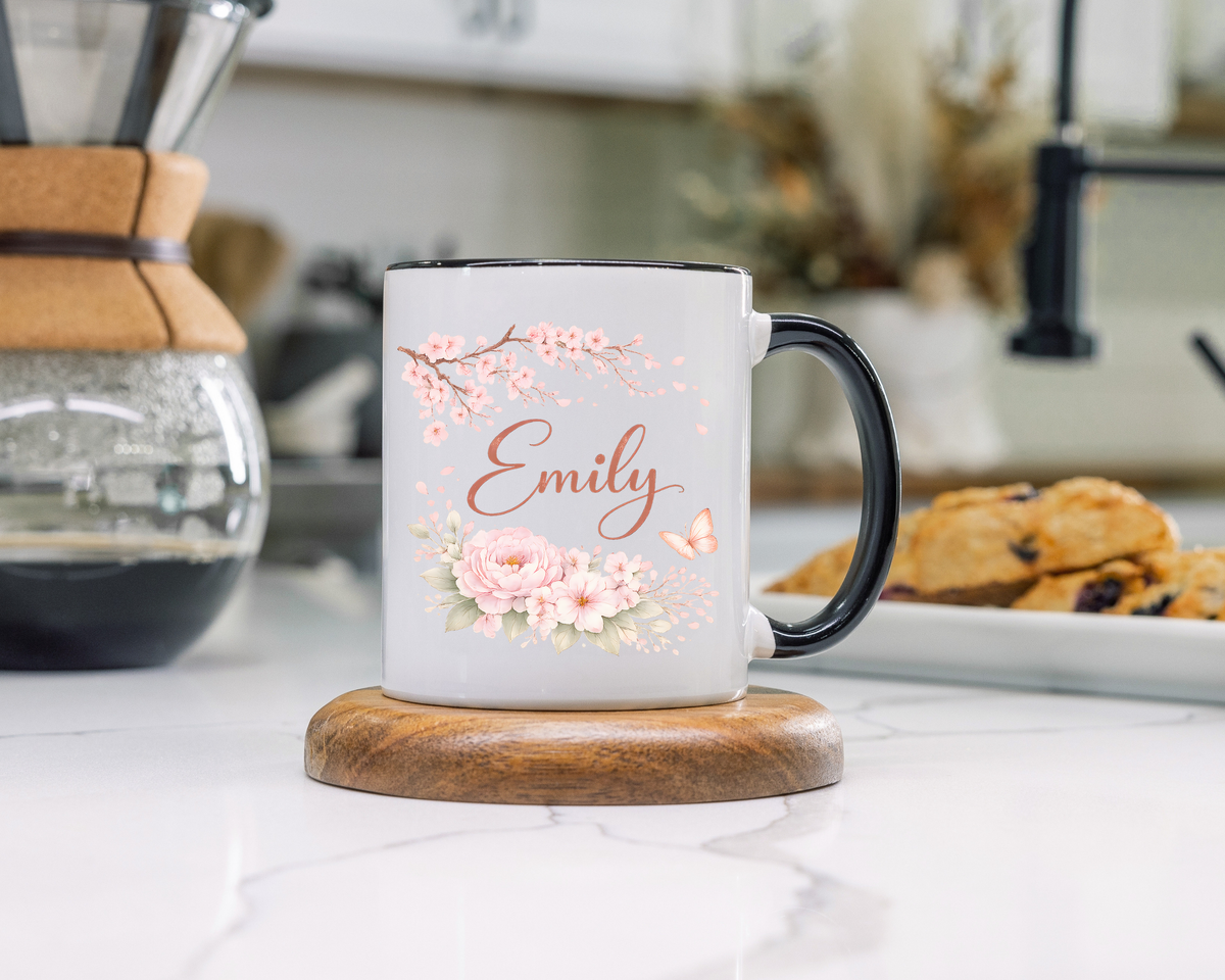 Personalized Floral Name Mug, Custom Coffee Mug with Name, Pink Flower Mug for Women, Birthday Gift, Bridesmaid Keepsake Cup