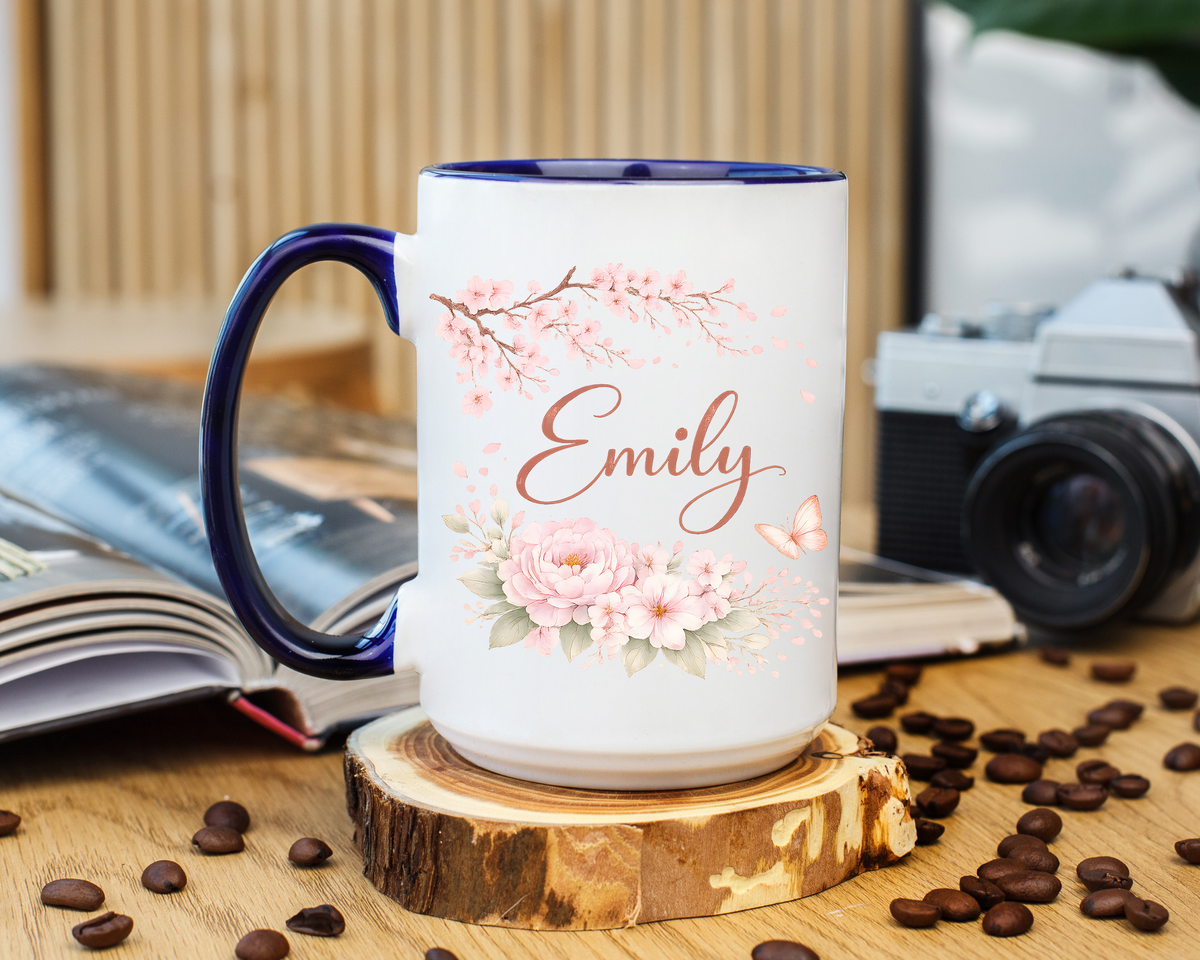 Personalized Floral Name Mug, Custom Coffee Mug with Name, Pink Flower Mug for Women, Birthday Gift, Bridesmaid Keepsake Cup