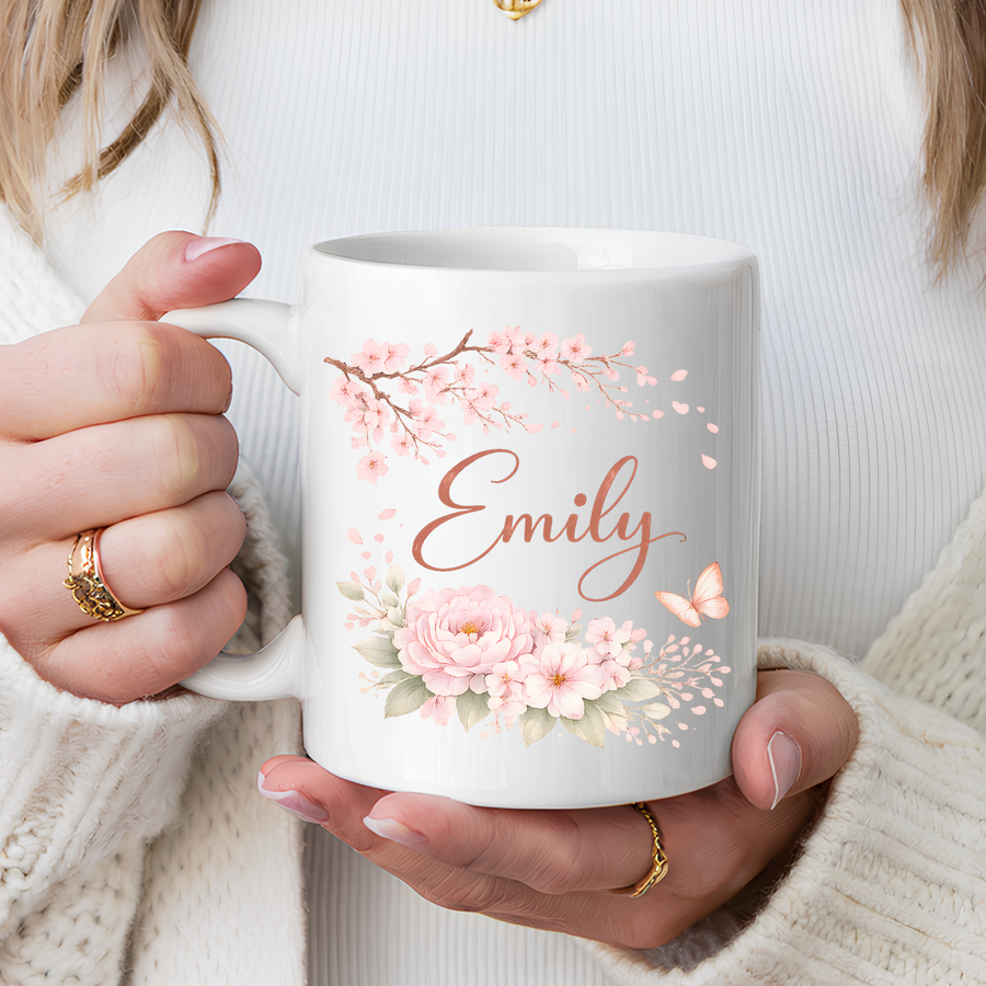 Personalized Floral Name Mug, Custom Coffee Mug with Name, Pink Flower Mug for Women, Birthday Gift, Bridesmaid Keepsake Cup