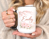 Personalized Floral Name Mug, Custom Coffee Mug with Name, Pink Flower Mug for Women, Birthday Gift, Bridesmaid Keepsake Cup