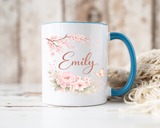 Personalized Floral Name Mug, Custom Coffee Mug with Name, Pink Flower Mug for Women, Birthday Gift, Bridesmaid Keepsake Cup