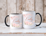 Personalized Floral Name Mug, Custom Coffee Mug with Name, Pink Flower Mug for Women, Birthday Gift, Bridesmaid Keepsake Cup