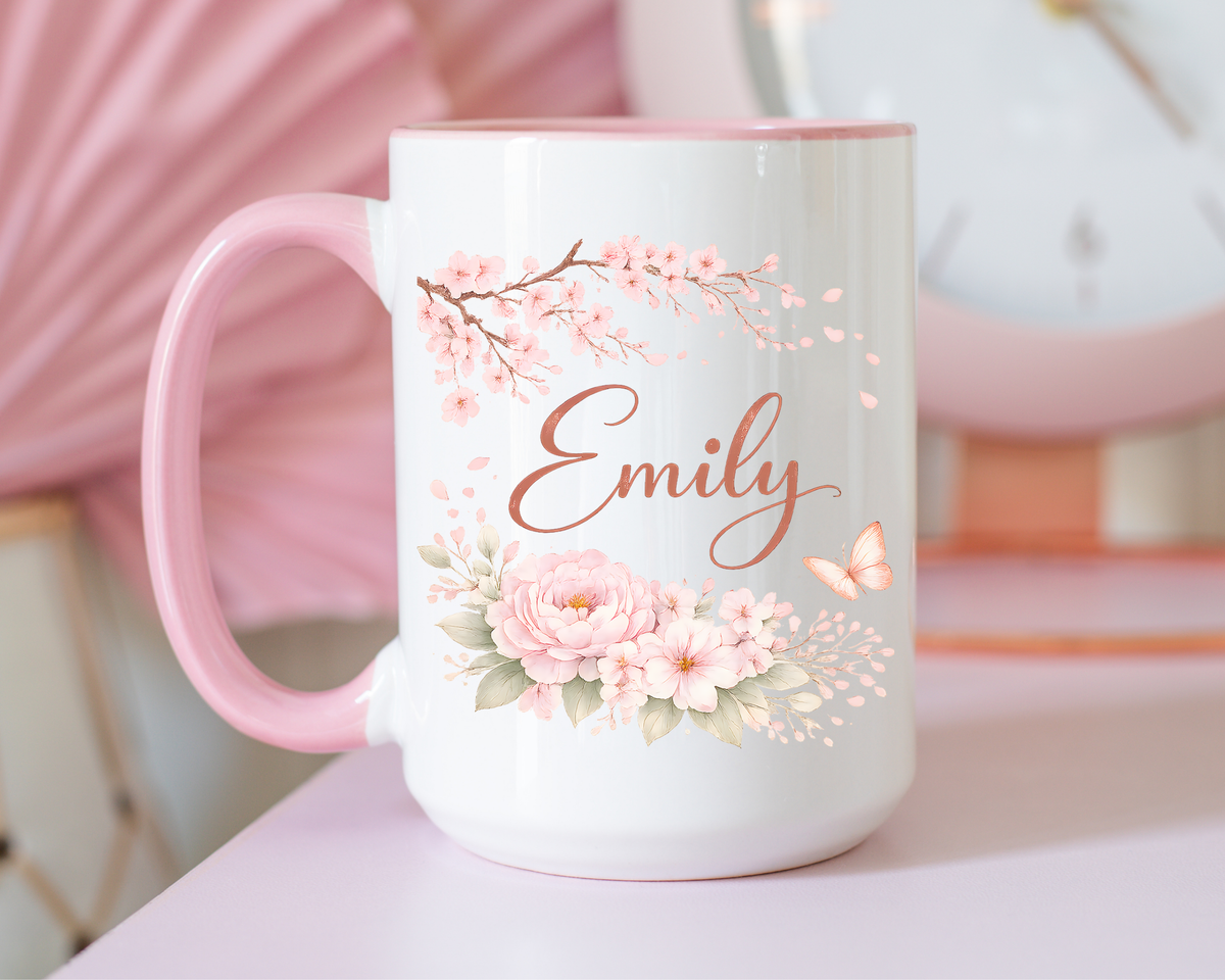 Personalized Floral Name Mug, Custom Coffee Mug with Name, Pink Flower Mug for Women, Birthday Gift, Bridesmaid Keepsake Cup