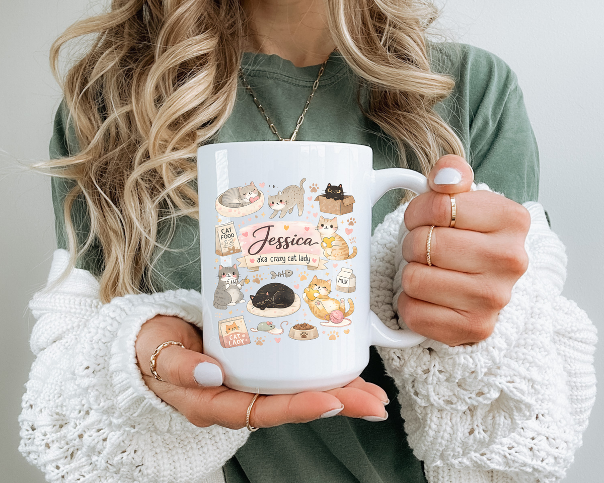 Personalized Cat Mom Mug, Custom Crazy Cat Lady Coffee Mug, Cat Lover Gift with Name, Cute Cat Mom Mug for Women