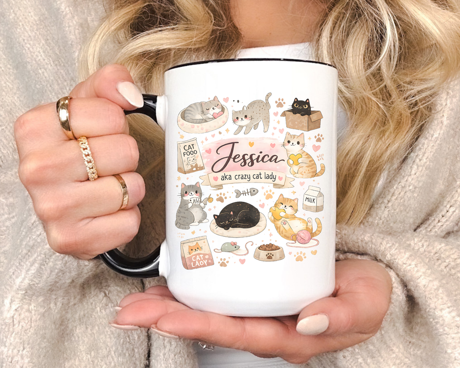 Personalized Cat Mom Mug, Custom Crazy Cat Lady Coffee Mug, Cat Lover Gift with Name, Cute Cat Mom Mug for Women