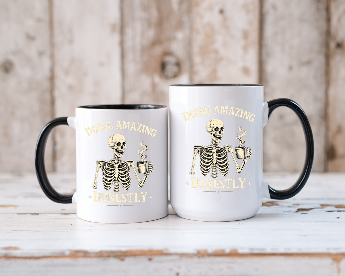 Doing Amazing Honestly Skeleton Coffee Mug, Funny Burnout Gift for Coworker, Sarcastic Office Coffee Cup, Tired but Thriving Mug