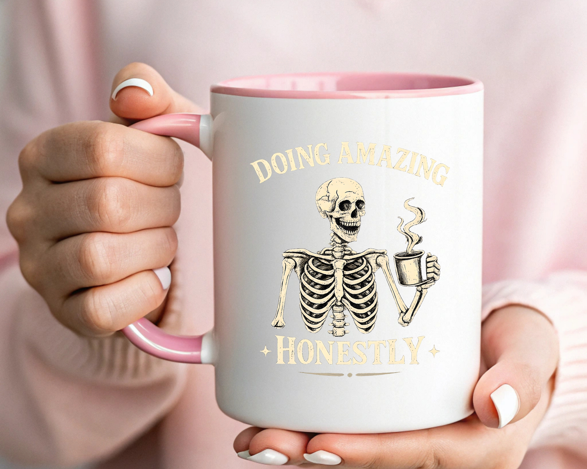 Doing Amazing Honestly Skeleton Coffee Mug, Funny Burnout Gift for Coworker, Sarcastic Office Coffee Cup, Tired but Thriving Mug
