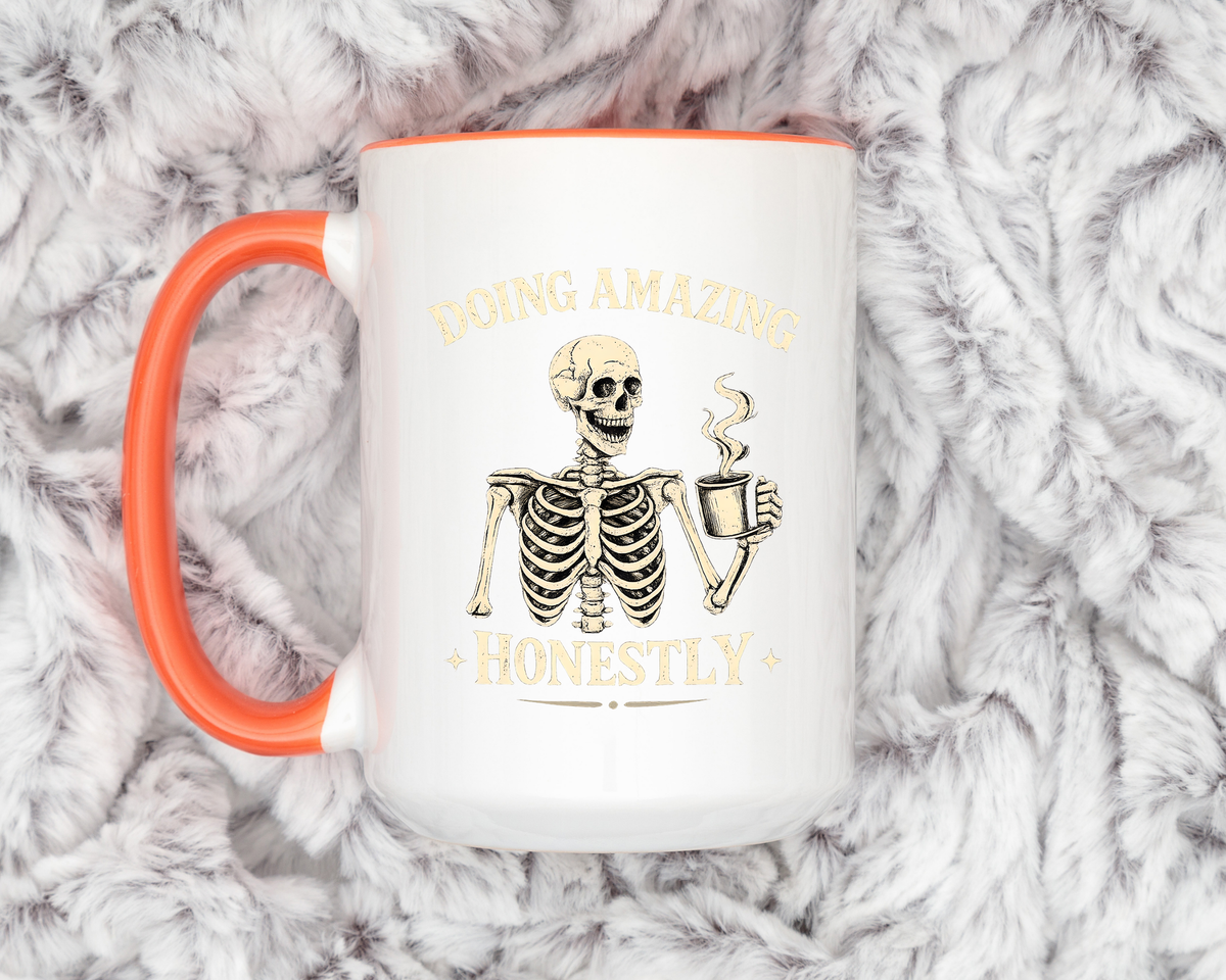 Doing Amazing Honestly Skeleton Coffee Mug, Funny Burnout Gift for Coworker, Sarcastic Office Coffee Cup, Tired but Thriving Mug