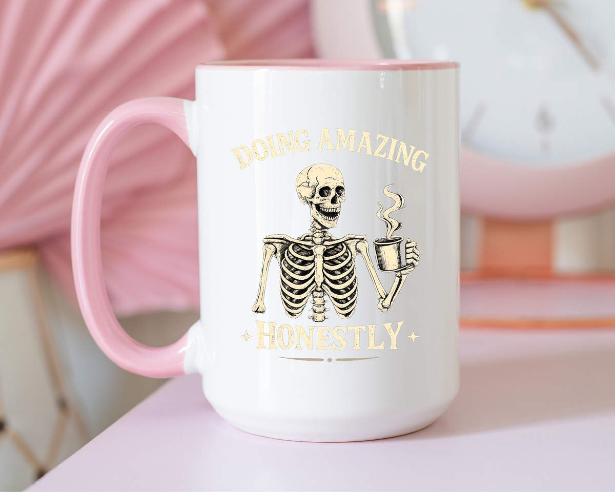 Doing Amazing Honestly Skeleton Coffee Mug, Funny Burnout Gift for Coworker, Sarcastic Office Coffee Cup, Tired but Thriving Mug