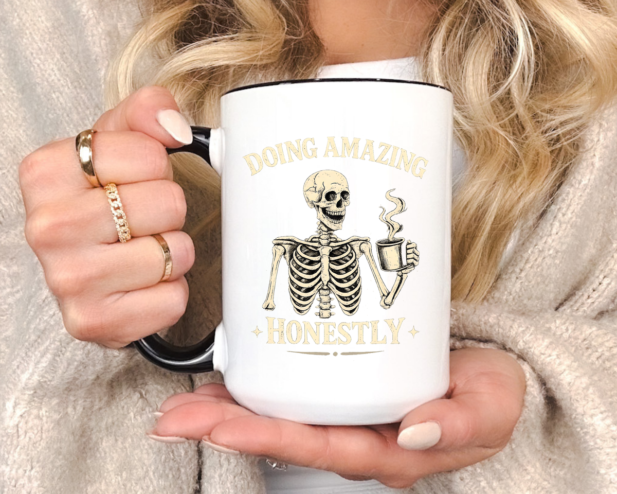 Doing Amazing Honestly Skeleton Coffee Mug, Funny Burnout Gift for Coworker, Sarcastic Office Coffee Cup, Tired but Thriving Mug