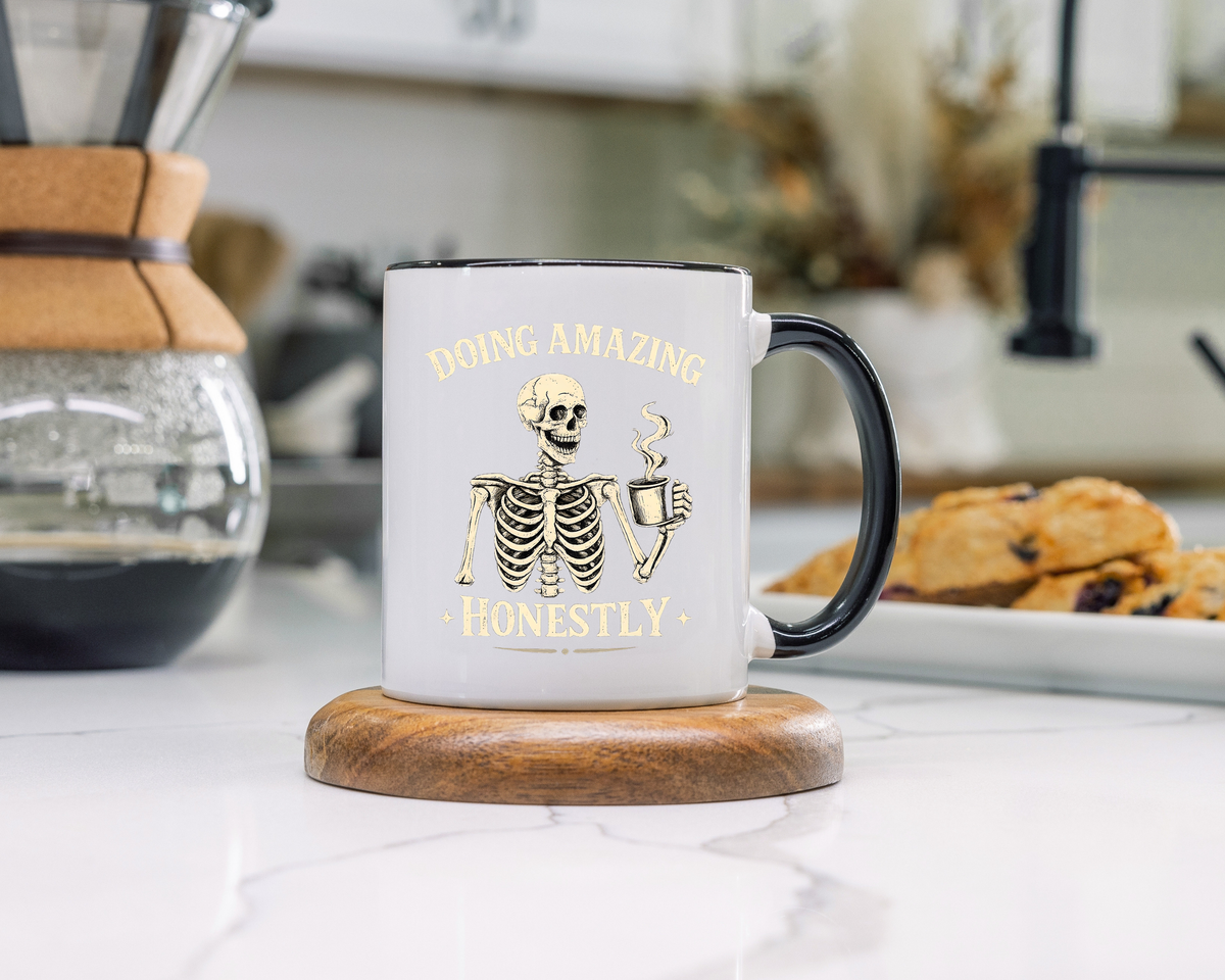 Doing Amazing Honestly Skeleton Coffee Mug, Funny Burnout Gift for Coworker, Sarcastic Office Coffee Cup, Tired but Thriving Mug