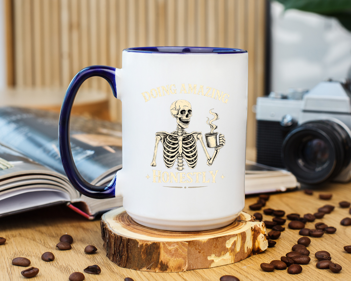 Doing Amazing Honestly Skeleton Coffee Mug, Funny Burnout Gift for Coworker, Sarcastic Office Coffee Cup, Tired but Thriving Mug