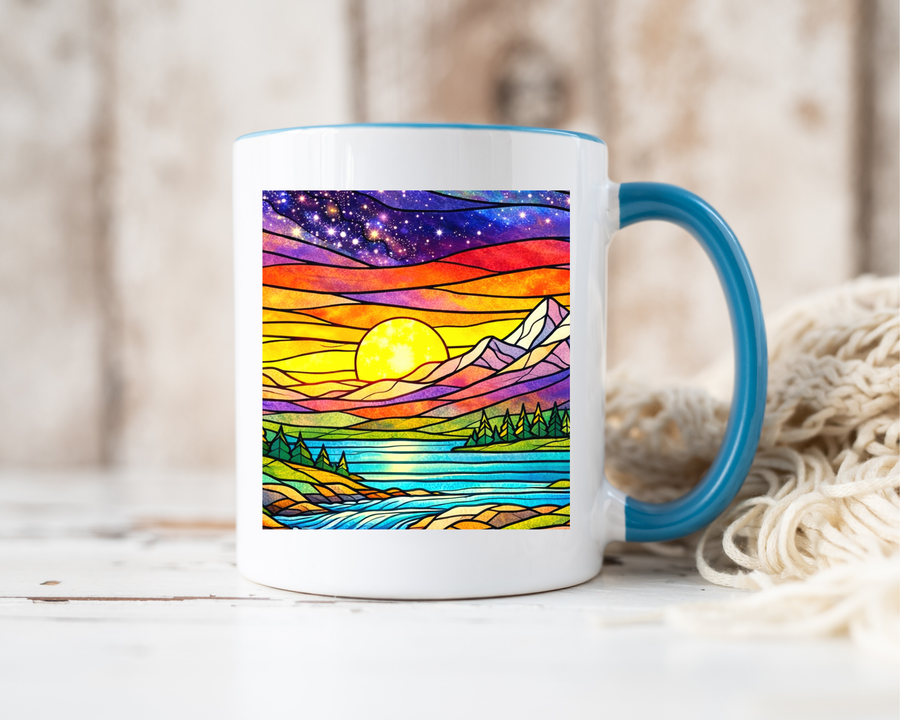 Colorful Sunset Landscape Mug, Stained Glass Nature Coffee Mug, Mountain Lake Art Mug, Outdoor Lover Gift, Scenic Ceramic Cup